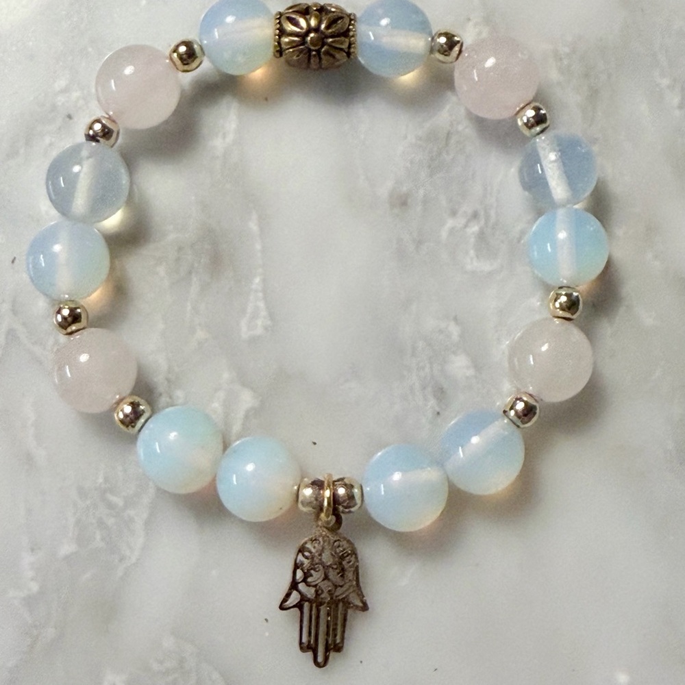Handmade Opalite & Rose Quartz Hamsa Bracelet-peace, love & harmony